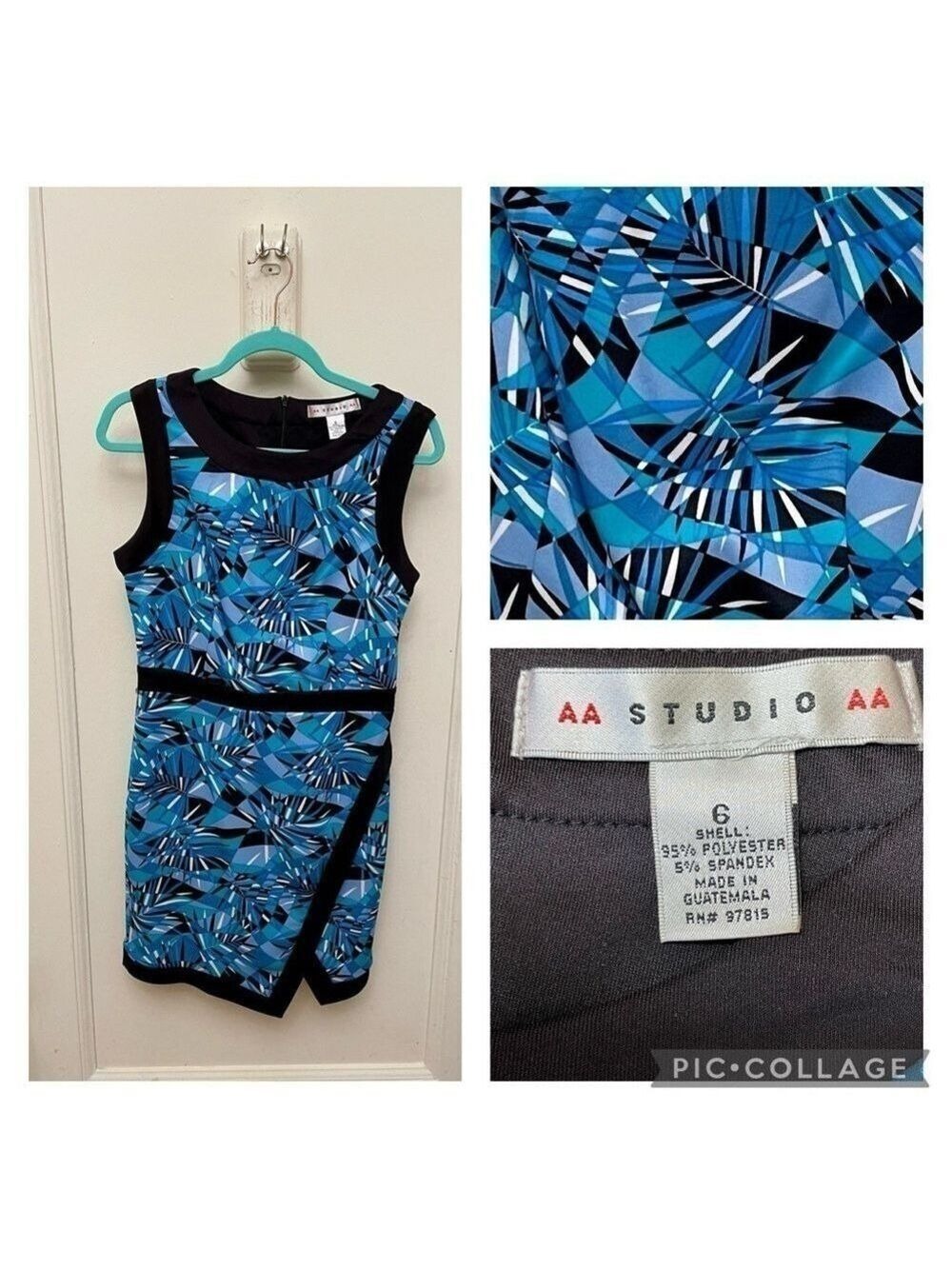 AA Studio Sheath Dress Blue Leaf Print Asymmetrical Hem Size 6